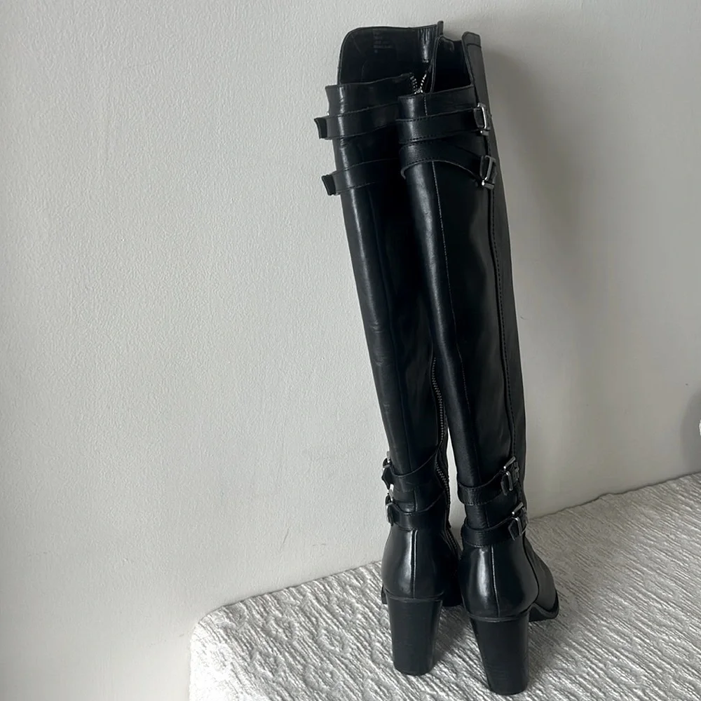 Adrienne Vittadini Black Leather Boots with Buckle Accents - Picture 5 of 15
